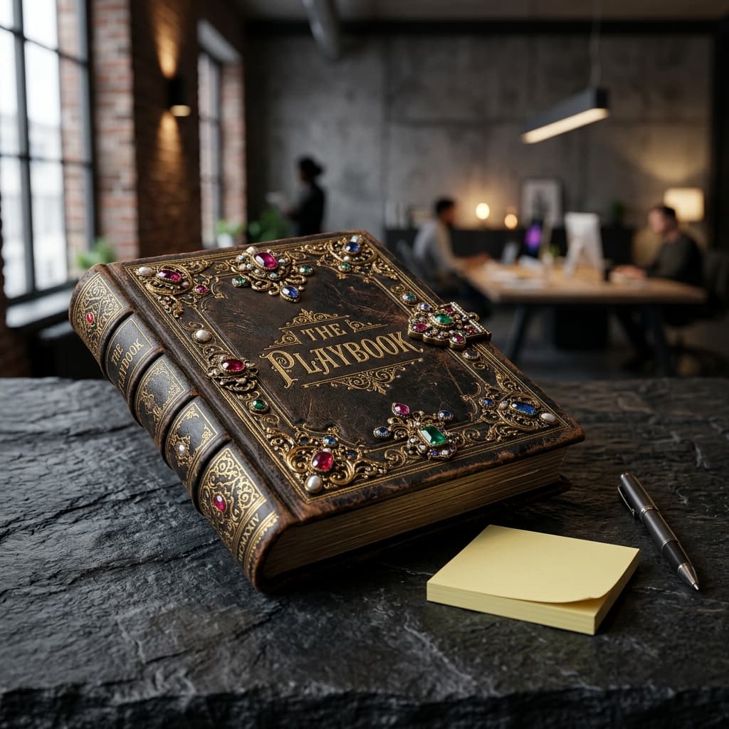 Premium leather bound book representing the strategic playbook