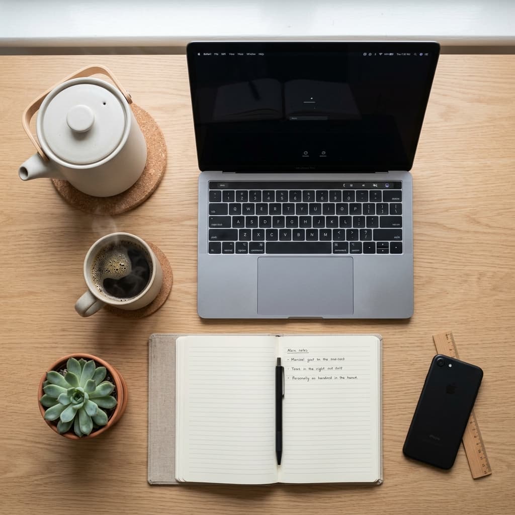 Desk workspace flatlay representation