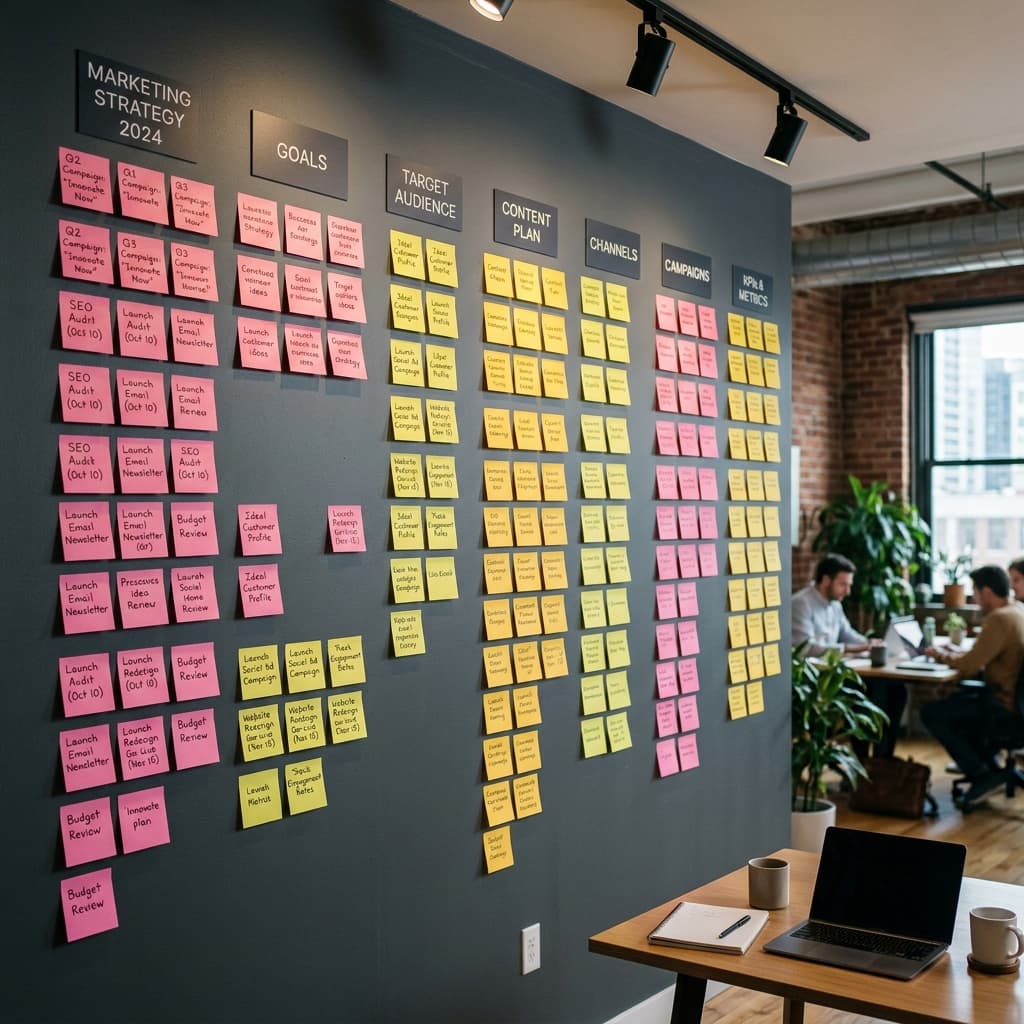 Marketing sticky notes wall representing brainstorming and execution